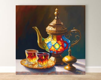 Turkish Tea Wall Art, Colorful Teapot Canvas Print, Middle Eastern Home Decor, Boho Kitchen Framed Art, Tea Lover Wall Print Gift