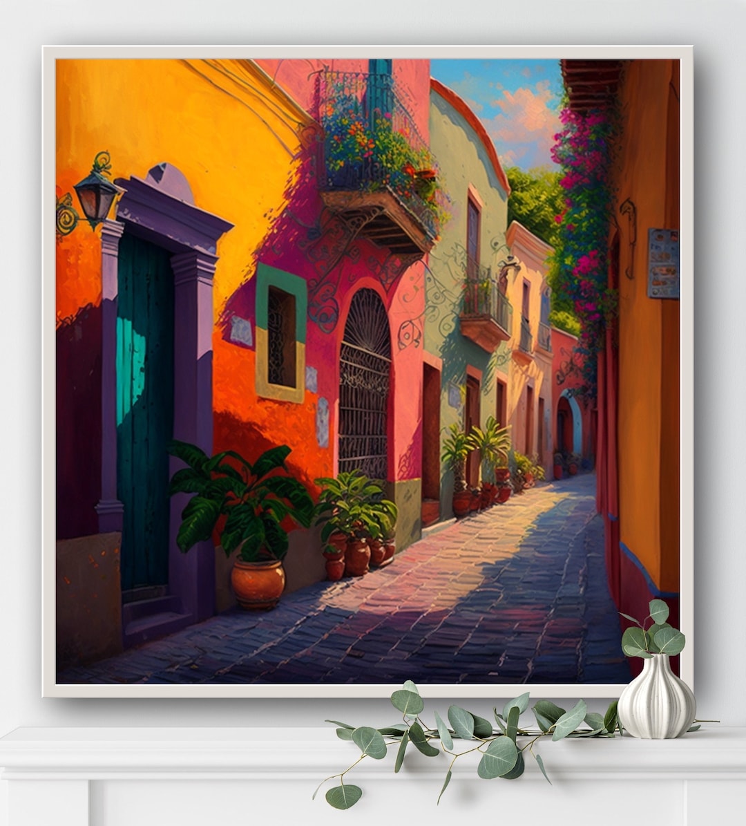 Mexican Village Wall Art, Mexican Painting Print, Modern Colorful Mexican Canvas Art, Guanajuato