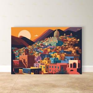 Quadro su tela di grandi dimensioni raffigurante Guanajuato, una cittadina messicana sulle colline, con stampa incorniciata e paesaggio urbano al tramonto dai colori vivaci, ideale come decorazione sopra il letto.