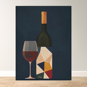 Weinflasche Wandkunst, moderner abstrakter Druck, geometrisches Bardekor, schicke Küchenmalerei, stilvolles Geschenk für Weinliebhaber