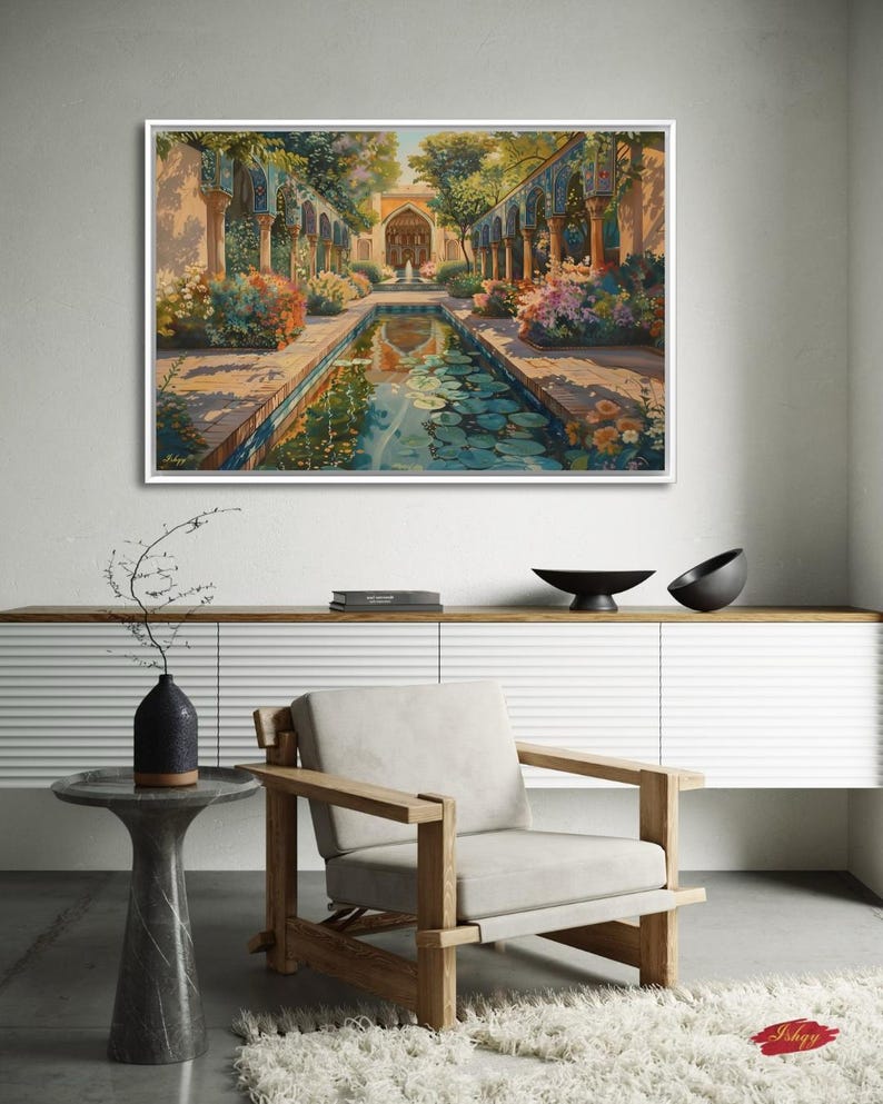 Persian Garden Canvas Wall Art, Islamic Architecture Framed Canvas Print, Blue Tile Courtyard Fountain Landscape Painting, Living Room Decor
Persian Garden Wall Art Canvas Print of Shiraz Courtyard, Islamic Architecture Art Print, Colorful Floral Home Decor Landscape