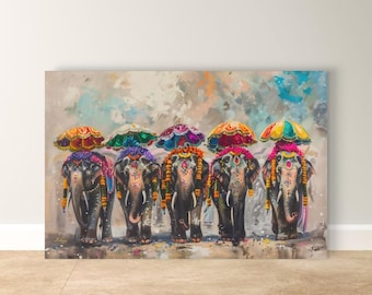 Arte mural de elefantes para festivales indios, impresión en lienzo de elefantes decorados de Kerala, decoración bohemia colorida de la India, regalo en lienzo enmarcado para inauguración de casa