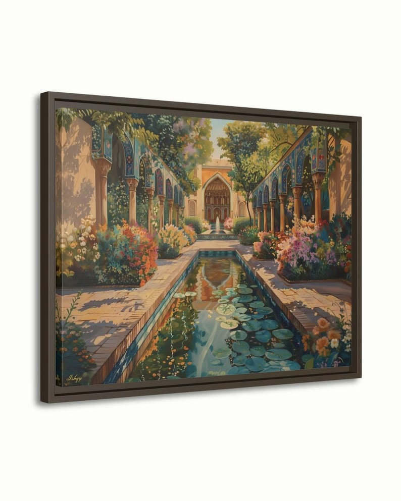 Persian Garden Canvas Wall Art, Islamic Architecture Framed Canvas Print, Blue Tile Courtyard Fountain Landscape Painting, Living Room Decor
Persian Garden Wall Art Canvas Print of Shiraz Courtyard, Islamic Architecture Art Print, Colorful Floral Home Decor Landscape