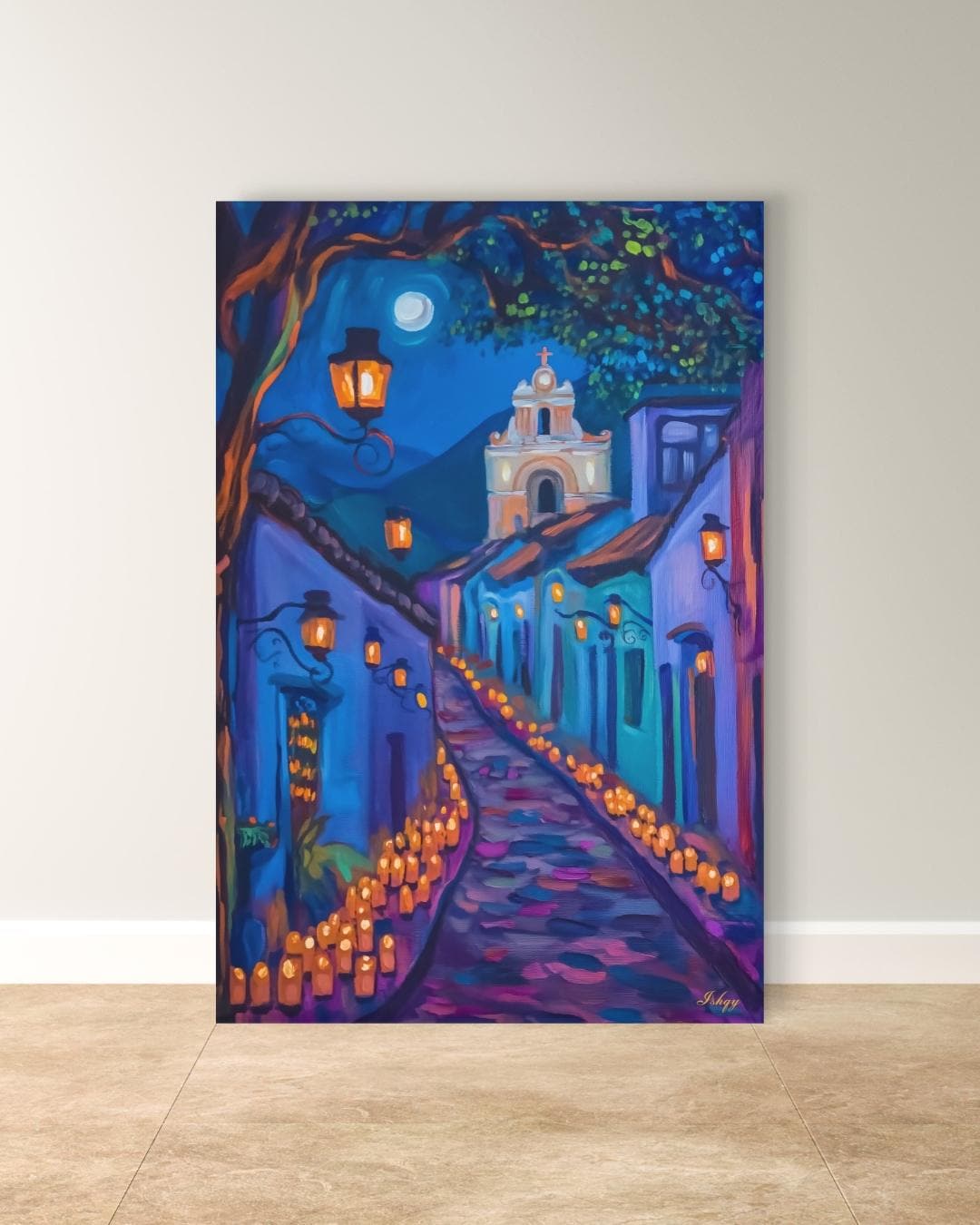 Mexican Night Street Painting Print, Candlelit Colonial Alley Wall
