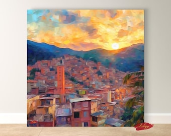 Medellin Wall Art Print - Sunset Over Colombian Cityscape Painting Urban Latin Decor Colorful Skyline Wall Decor Canvas Art Print Home