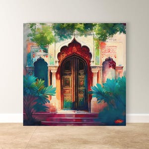 Indian Door Wall Art Canvas Print with Ornate Archway and Palace Design, Square Rajasthani Architecture Painting for Cultural Home Decor