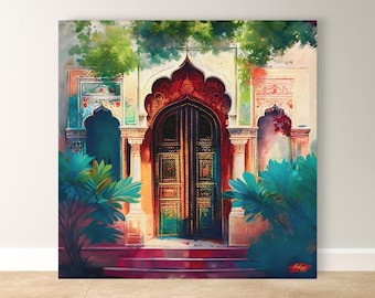 Indian Door Wall Art Canvas Print with Ornate Archway and Palace Design, Square Rajasthani Architecture Painting for Cultural Home Decor