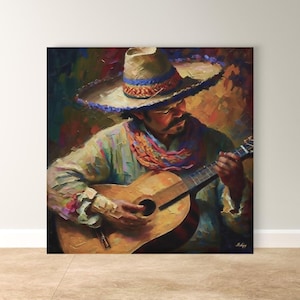 Mexican Guitarist Wall Art, Mariachi Sombrero Canvas Print, Latin Music Decor, Colorful Mexico Portrait, Framed Canvas, Music Lover Gift