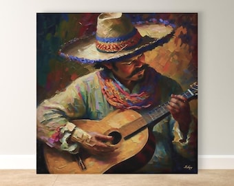 Mexican Guitarist Wall Art, Mariachi Sombrero Canvas Print, Latin Music Decor, Colorful Mexico Portrait, Framed Canvas, Music Lover Gift