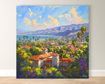 Santa Barbara California Canvas Wall Art, Coastal Cityscape Framed Canvas Print, Impressionist Ocean Palm Oil Painting, Living Room Decor