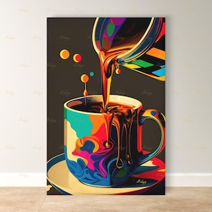 Kleurrijke popart koffie kunst aan de muur, vet koffiekopje canvasafdruk, keukendecor, cadeau koffieliefhebber, levendige espresso ingelijst canvas