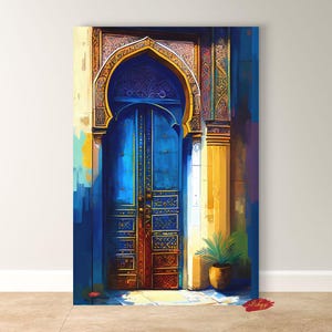 Marokańskie Drzwi Ścienne Sztuka - Blue Gold Architecture Canvas Print, Pionowy Obraz Marokańskiego Łuku do Wystroju Boho lub Kulturalnych Wnętrz