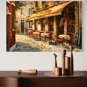European Cafe Street Wall Art Print, Canvas, Framed Canvas, Rustic Vintage Parisian Bistro, Old Town Cobblestone Alley, Kitchen Dining Decor