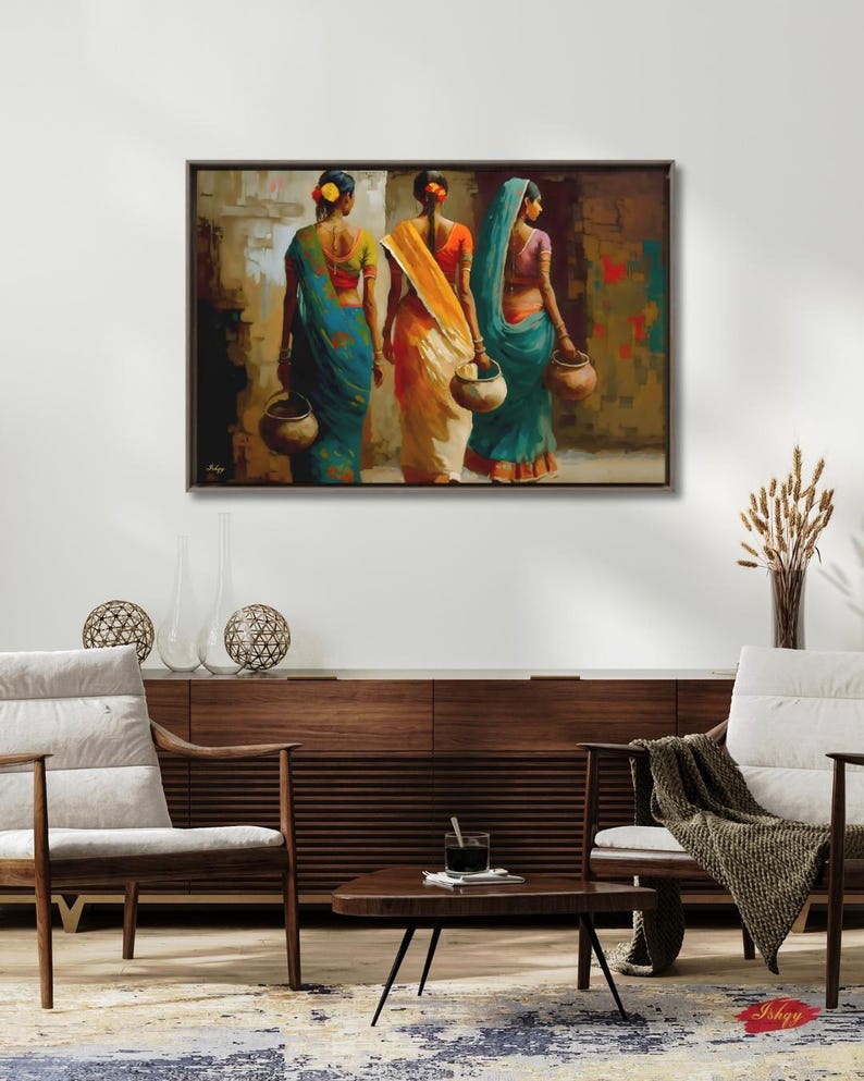 Indian Women Wall Art, Colorful Sari Canvas Print, Rajasthan Village Decor, Boho India Figure Art, Framed Canvas, Housewarming Gift
Indian Village Women Wall Art, Rural India Painting, Saree Women Canvas Art, Cultural Indian Home Decor, Traditional India Artwork
