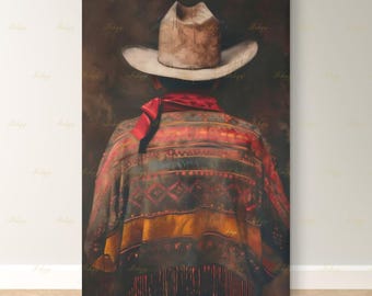 Mexikanischer Vaquero Cowboy Gemälde Druck, Leinwand & gerahmte Leinwand Western Wand Kunst, Charro Serape Ranch Wohnkultur, rustikale Kunst im Südwesten