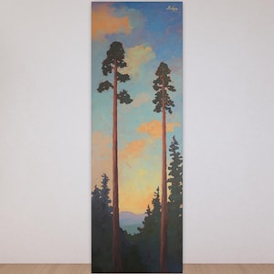 Sunset Pine Tree Wall Art, Tall Forest Canvas Print, Nature Landscape Painting, Framed Woodland Decor, Rustic Tree Art Print