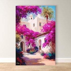 Spanish Courtyard Wall Art, Mediterranean Architecture Canvas, Bougainvillea Garden Painting, Coastal Home Decor Sunlit Villa Patio Artwork