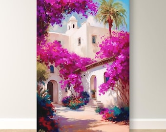 Mexican Hacienda Wall Art, Bougainvillea Canvas Print, Colorful Mexico Floral Decor, Pink Flower Latin Travel Art, Framed Canvas Gift