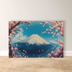 Mount Fuji Wall Art Print, Cherry Blossom Canvas Painting, Japanese Landscape Framed Home Decor, Sakura Mountain Art for Living Room