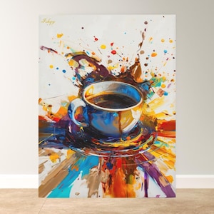 Coffee Wall Art Print, Abstract Colorful Coffee Cup Painting Print on Canvas, Modern Kitchen Art, Framed Home Café Decor for Coffee Lovers