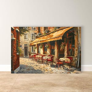 European Cafe Street Wall Art Print, Canvas, Framed Canvas, Rustic Vintage Parisian Bistro, Old Town Cobblestone Alley, Kitchen Dining Decor
