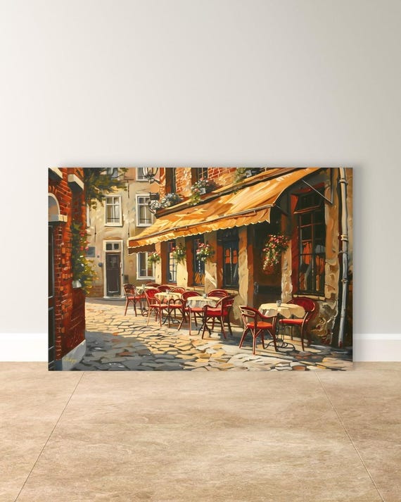 European Cafe Wall Art Canvas Print, Parisian Street Bistro Painting, Romantic Old Town Decor for Kitchen Dining Room