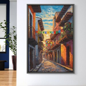 Mexican Street Canvas Wall Art, Jalisco Architecture Painting Print, Colorful Framed Canvas, Mexico Wall Decor, Gift for Her, Art Print.Bring golden Mexican streets into your space with this vibrant Jalisco wall art print, glowing with colonial charm