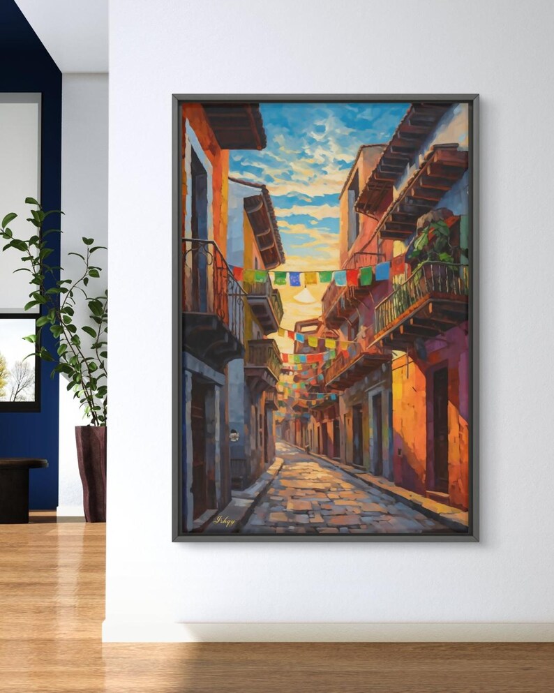 Mexican Street Canvas Wall Art, Jalisco Architecture Painting Print, Colorful Framed Canvas, Mexico Wall Decor, Gift for Her, Art Print.Bring golden Mexican streets into your space with this vibrant Jalisco wall art print, glowing with colonial charm