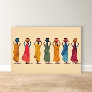 Rajasthani Women Wall Art - Indian Village Painting Print, Horizontal Canvas Cultural Decor for Boho Homes, Feminine Traditional Spaces