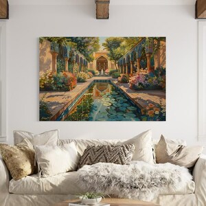 Persian Garden Canvas Wall Art, Islamic Architecture Framed Canvas Print, Blue Tile Courtyard Fountain Landscape Painting, Living Room Decor
Persian Garden Wall Art Canvas Print of Shiraz Courtyard, Islamic Architecture Art Print, Colorful Floral Home Decor Landscape