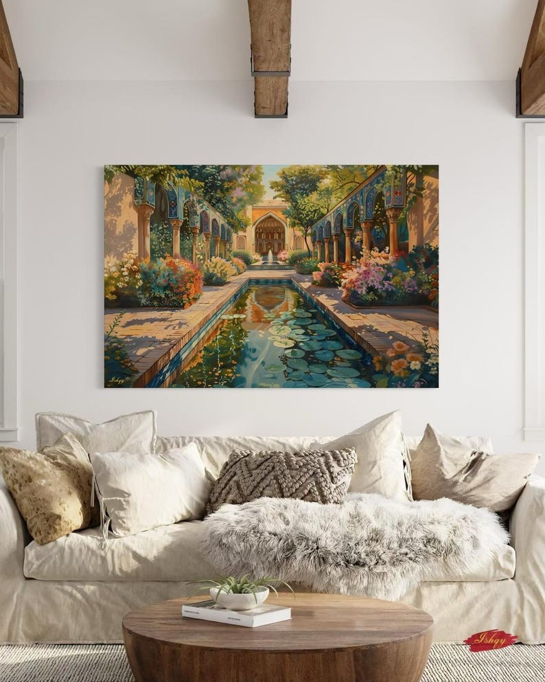 Persian Garden Canvas Wall Art, Islamic Architecture Framed Canvas Print, Blue Tile Courtyard Fountain Landscape Painting, Living Room Decor
Persian Garden Wall Art Canvas Print of Shiraz Courtyard, Islamic Architecture Art Print, Colorful Floral Home Decor Landscape