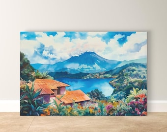 Coatepeque Lake Wall Art, El Salvador Volcano Canvas Print, Tropical Watercolor Landscape, Central America Travel Decor, Framed Canvas Gift