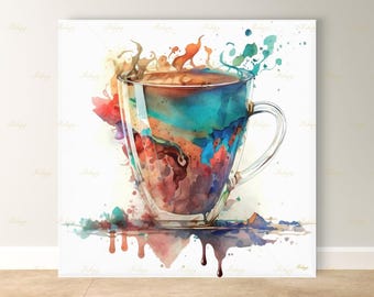 Stampa artistica da parete a tema caffè, tela con tazza di caffè ad acquerello, decorazione astratta per bar, decorazione per la cucina, arte dell'espresso, regalo per gli amanti del caffè, arte moderna