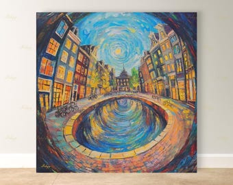 Arte de parede de Amsterdã, impressão em tela da Casa do Canal, decoração holandesa em estilo Van Gogh, arte de viagem pela cidade de bicicleta, presente em tela emoldurada boho