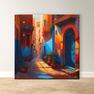 Moroccan Alley Wall Art, Colorful Marrakech Street Canvas, Exotic Travel Framed Print, Vibrant Medina Doorway, Cultural Art Print Decor