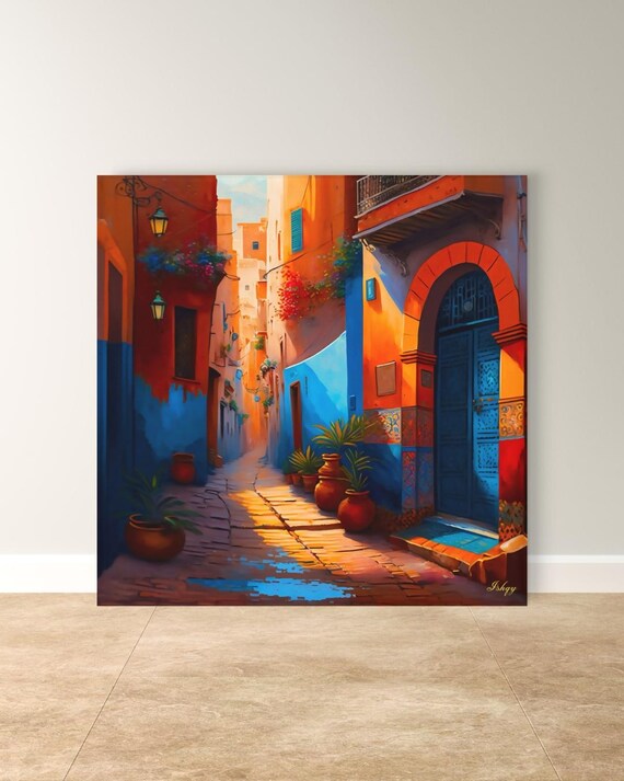 Mediterranean Alley Wall Art, Colorful Street Painting Canvas, European Travel Print, Warm Coastal Home Decor for Kitchen Living Room