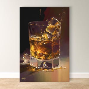 Whiskey Wall Art Print, Whiskey Glass Canvas with Ice, Bar Wall Decor, Framed Whiskey Painting for Home, Kitchen, or Lounge Gift