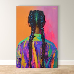 Geflochtene Mädchen Wandkunst, mutiges Porträt Leinwand, bunte Zöpfe Gemälde Druck, moderner gerahmter Druck, ethnisches Haar Wanddekor, lebendiger Kunstdruck
