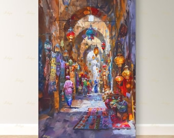 Moroccan Wall Art Canvas Print, Marrakesh Souk Lantern Alley, Market Street Painting, Boho Home Decor, Framed Canvas, Colorful Medina Art UK