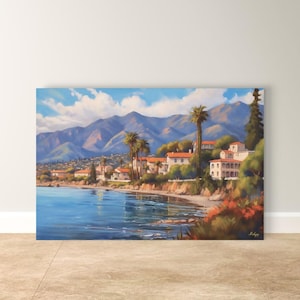 Santa Barbara Landscape Painting Canvas Framed Canvas, Coastal Wall Art Print, California Seascape Decor For Living Room, Office, Beach Home