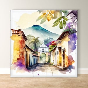 Antigua Guatemala Wall Art, Colonial Cityscape - Vibrant Watercolor Decor, Historic Street Scene, Cultural Heritage, Latin American Decor