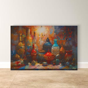Moroccan Pottery Wall Art, Colorful Tagine Canvas Print, Boho Kitchen Wall Decor, Vibrant Moroccan Vases Painting for Cultural Home Style