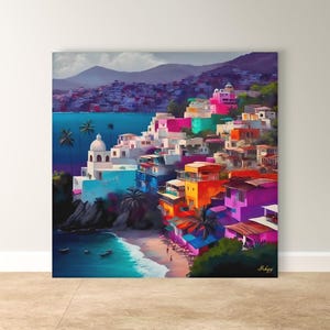 Acapulco Painting Print Canvas & Framed Canvas Mexico Wall Art, Colorful Coastal Cityscape Decor, Tropical Beach Art, Living Room Decor