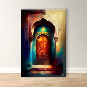 Porta marocchina mistica, vivace arte murale islamica - stampa architettonica ornata, arredamento per la casa colorato, tela dal design moresco unico