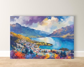 Queenstown, Nowa Zelandia – sztuka ścienna, wydruk obrazu krajobrazowego jeziora Wakatipu, sztuka podróży górskich, malowniczy wystrój domu, kolorowe płótno ścienne
