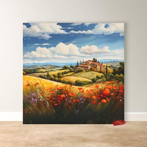 Tuscany Landscape Wall Art – Rolling Hills Canvas Print | Square Italian Countryside Painting with Poppies for Rustic or Farmhouse Decor