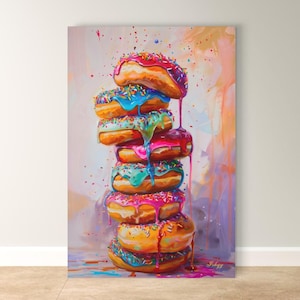 Decoración de pared con diseño de donuts, lienzo con imágenes de donuts apilados a todo color, decoración de cocina de estilo pop art, regalo para amantes de la repostería, lienzo enmarcado ideal para el salón.