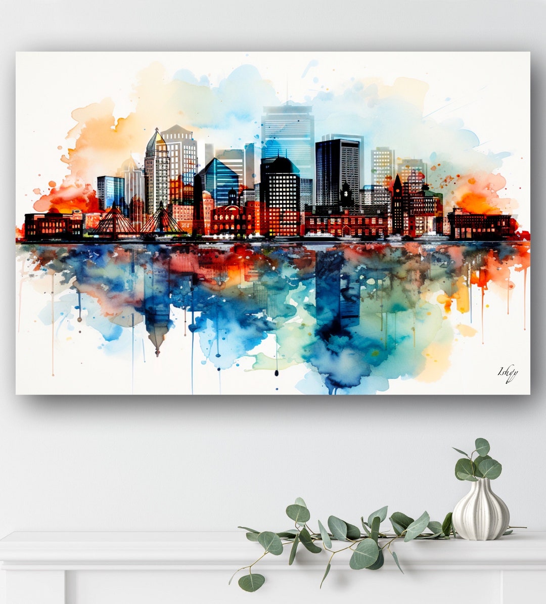 Boston City Art Canvas Boston Skyline Watercolor Massachusetts Gift