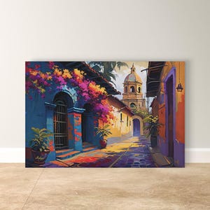 Arte mural de Oaxaca, impresión en lienzo de coloridas calles empedradas de México, decoración colonial de buganvillas, arte de viajes latinoamericanos, regalo de lienzo enmarcado estilo bohemio