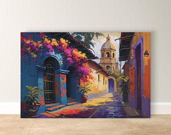 Oaxaca Wall Art, Colorful Mexico Cobblestone Street Canvas Print, Bougainvillea Colonial Decor, Latin Travel Art, Boho Framed Canvas Gift